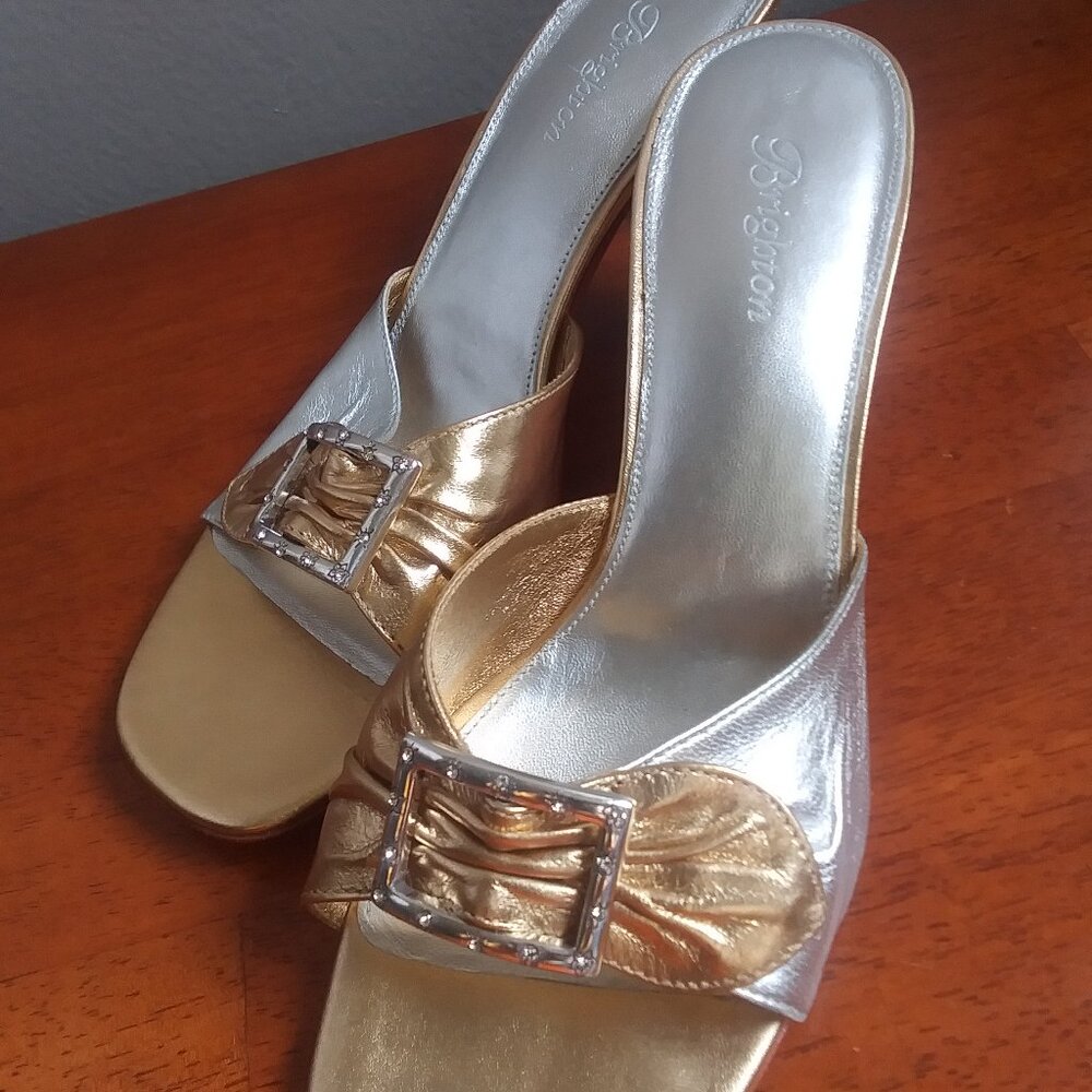 Brighton Patti Silver/Gold Metallic Crystal Leather Slides Shoes Kitten Heel 8M